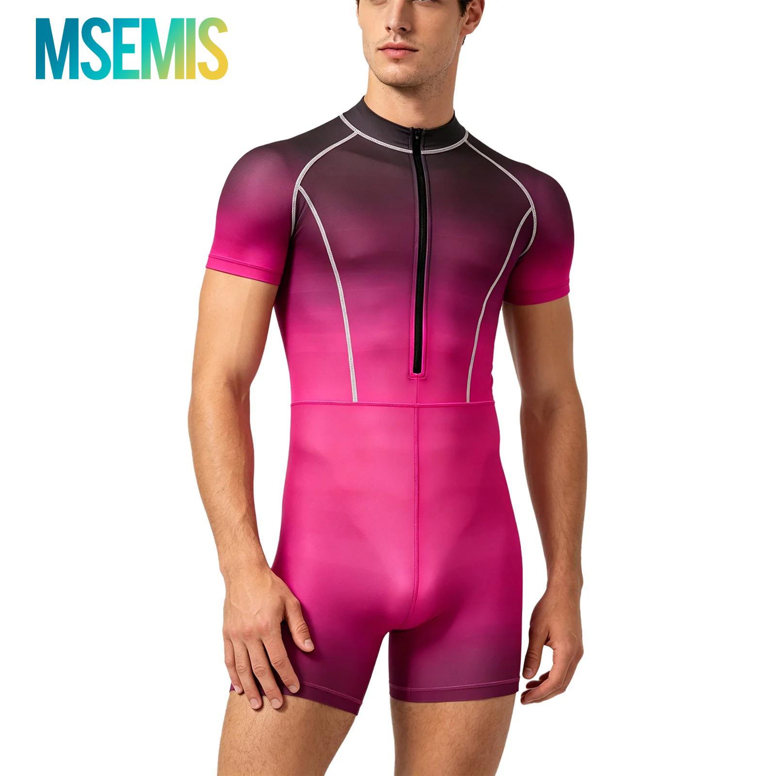 Wetsuit Men - ชุดว่ายน้ำผู้ชายแบบจั๊มสูทไล่เฉดสี พร้อมซิปด้านหน้า กางเกงขาสั้น บอดี้สูท ป้องกันแสงแดด UPF