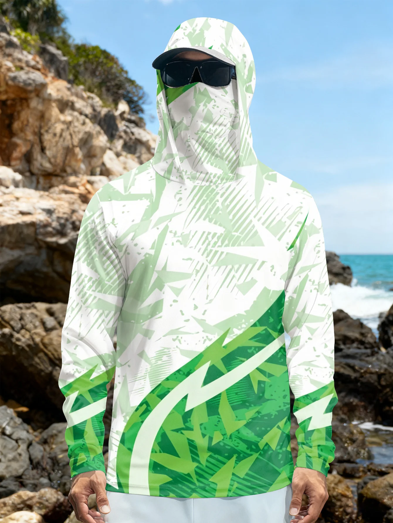 Rash Guard - เสื้อตกปลาผู้ชาย มีฮู้ด ป้องกันแสงแดด UPF แขนยาว พร้อมหน้ากากปิดหน้า