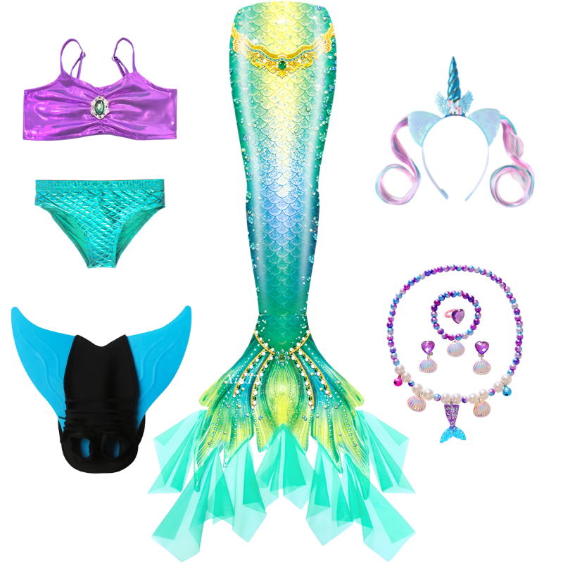 Swim Fins - ชุดนางเงือกสำหรับเด็กผู้หญิง หางนางเงือกสำหรับว่ายน้ำ สามารถเพิ่มโมโนฟินได้ ชุดคอสเพลย์เอเรียล ของขวัญวันเกิด