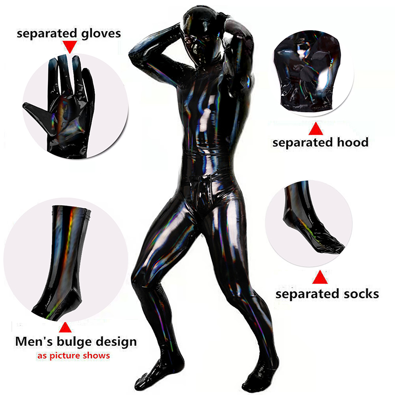 Wetsuit Men - ชุดจั๊มสูทหนัง PVC สุดเซ็กซี่สำหรับผู้ชายชุดบอดี้สูทชุดเต้นแบบเต็มตัวชุดติดกันแนบเนื้อมีซิปเปิดเป้า